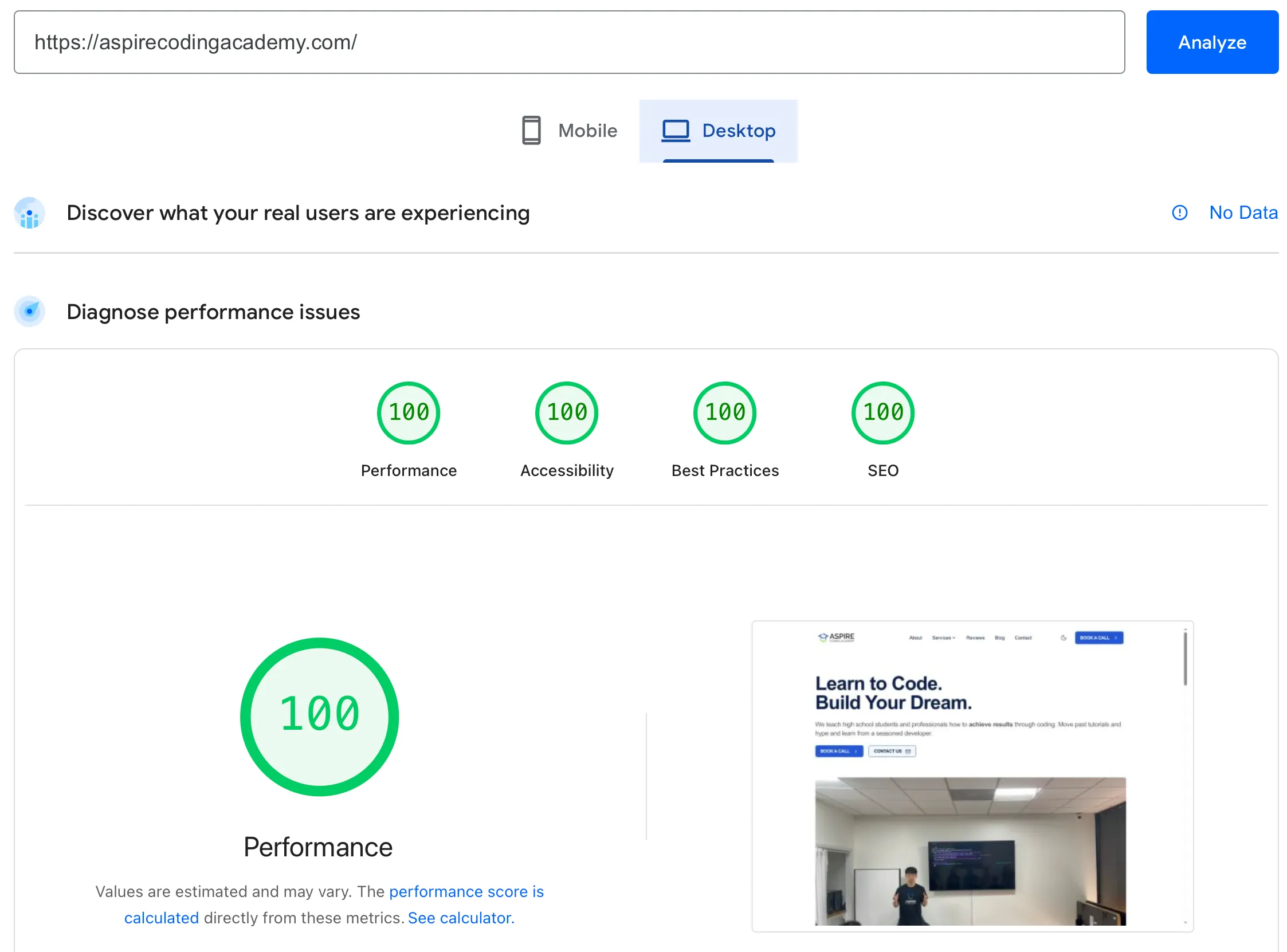 ACA Desktop PageSpeed Score