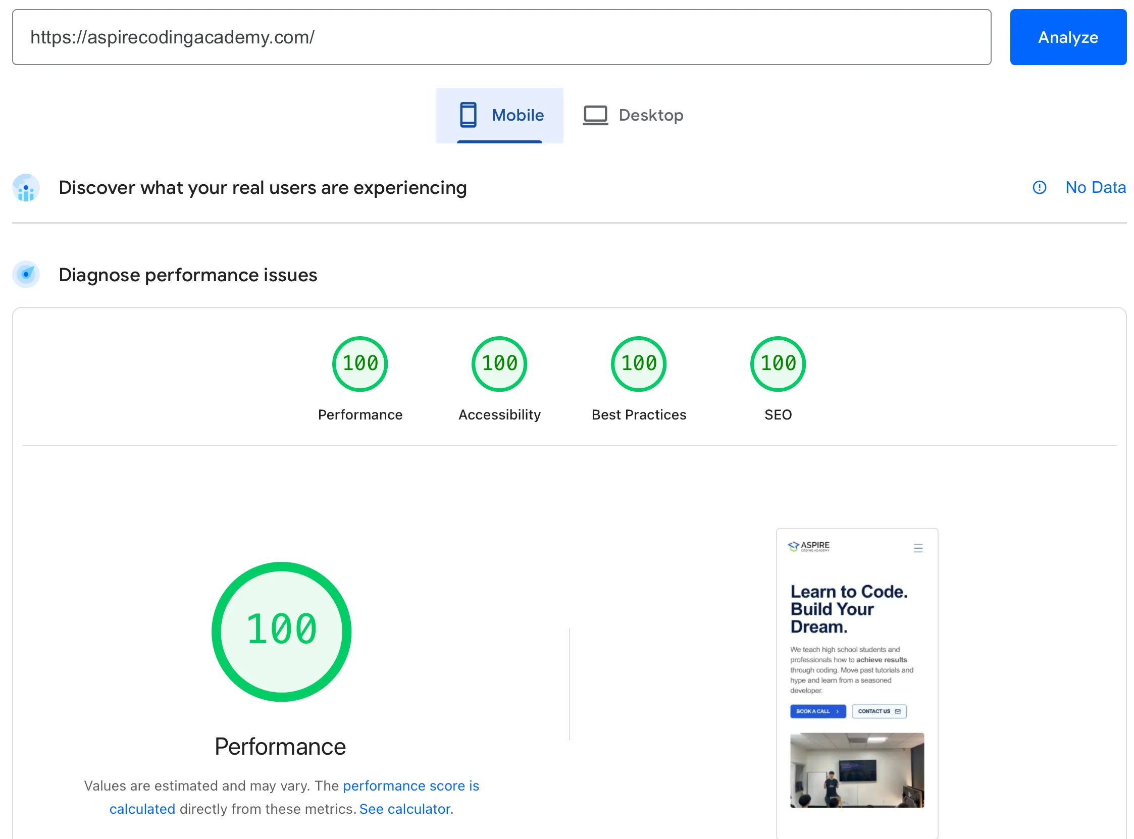 ACA Mobile PageSpeed Score