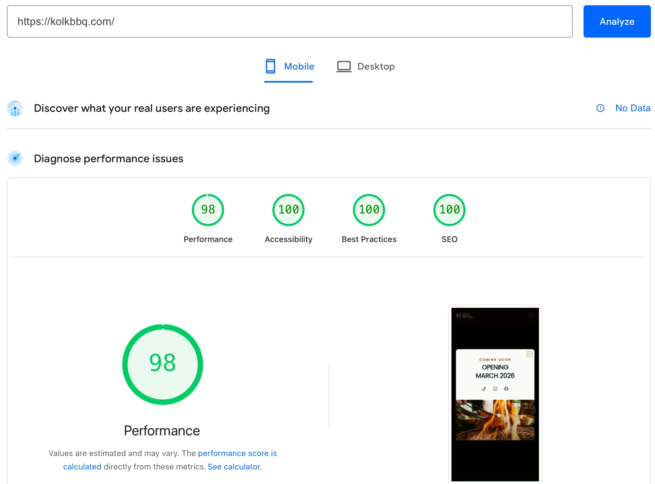 KOL ACA PageSpeed Score