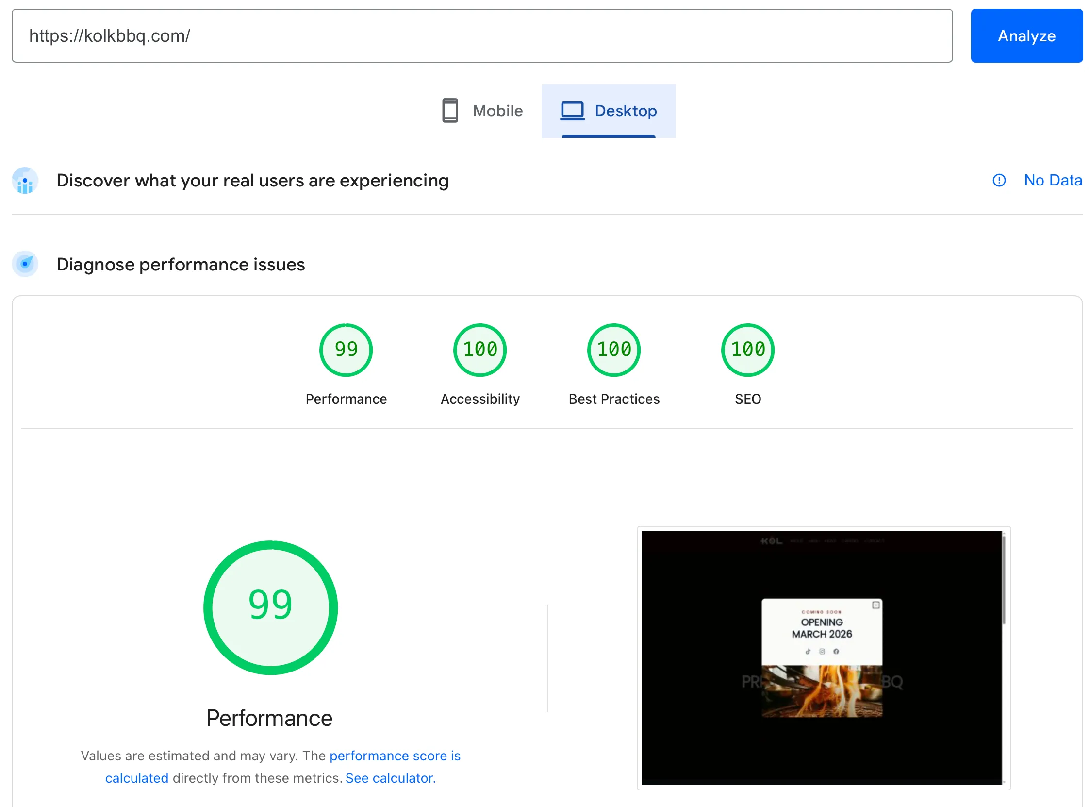 KOL Desktop PageSpeed Score