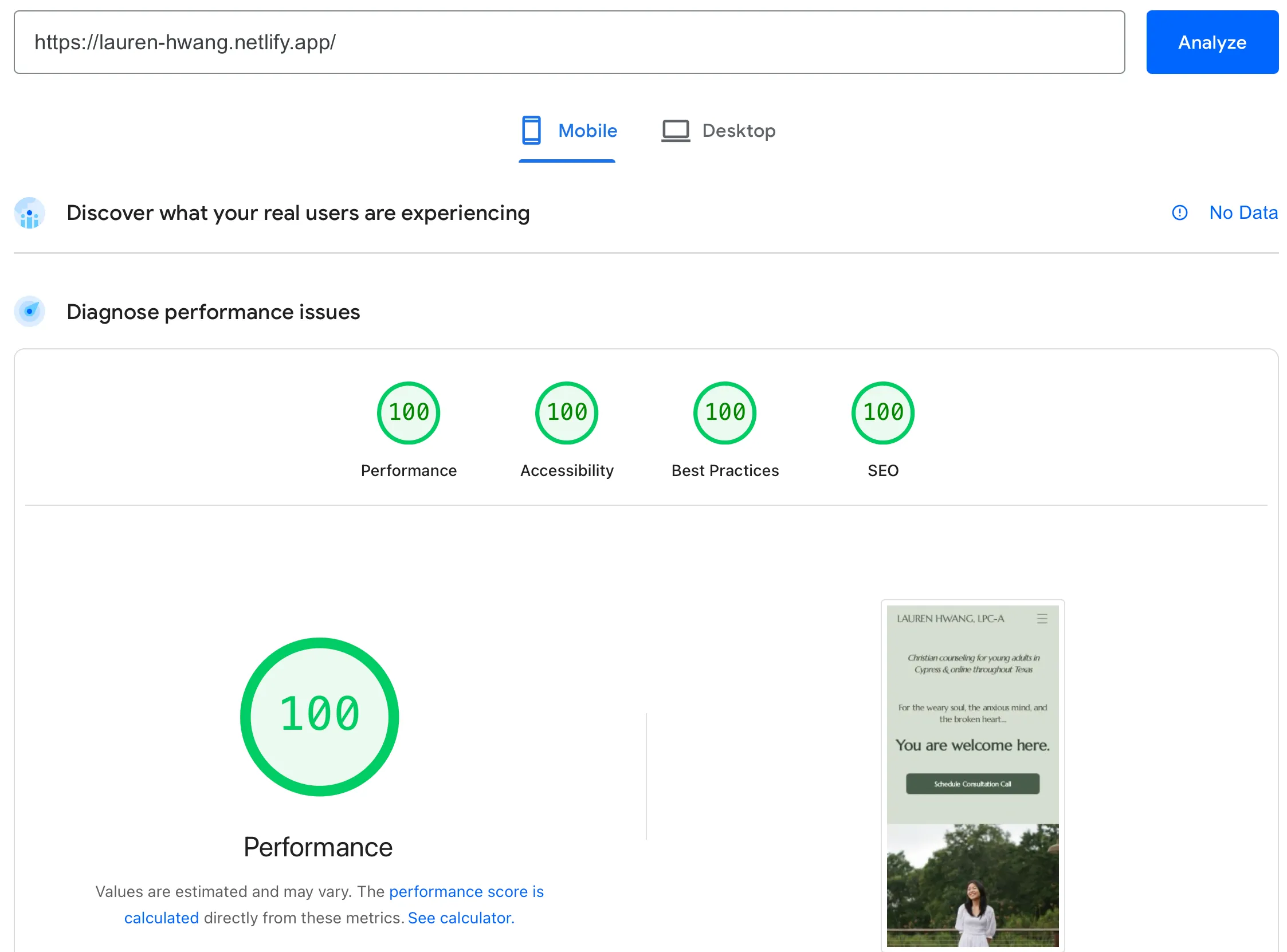 LH Mobile PageSpeed Score